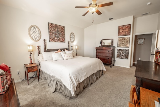 bedroom featuring light carpet, a ceiling fan, visible vents, and baseboards