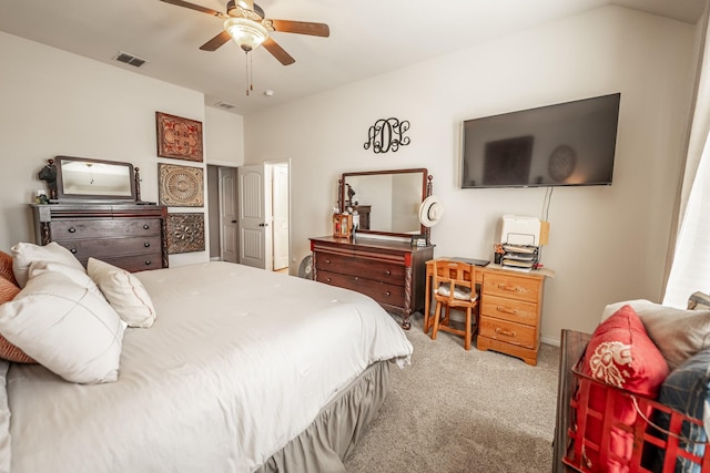 bedroom featuring carpet flooring, visible vents, and a ceiling fan