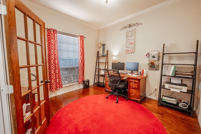 office with crown molding, baseboards, and wood finished floors