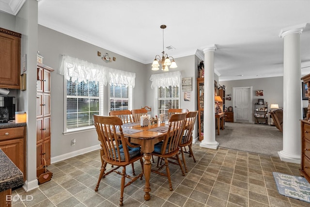 dining space featuring a notable chandelier, decorative columns, visible vents, ornamental molding, and baseboards