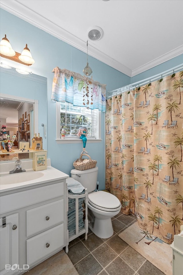 bathroom featuring toilet, vanity, visible vents, ornamental molding, and a shower with curtain