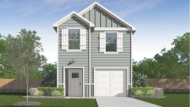 view of front of home featuring an attached garage, fence, board and batten siding, and a front yard