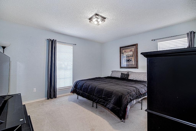 bedroom with a textured ceiling, baseboards, and carpet flooring