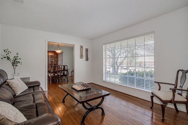 living area with a textured ceiling and hardwood / wood-style floors