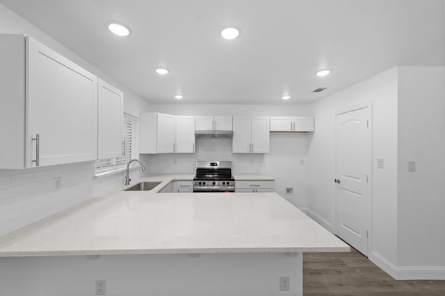 819 Netherland Dr, Arlington, TX 76017 - kitchen with stainless steel stove, a sink, under cabinet range hood, a peninsula, and dark wood-style floors
