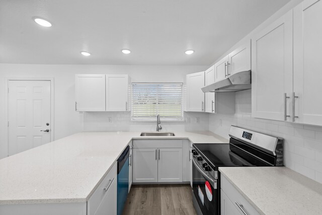 819 Netherland Dr, Arlington, TX 76017 - kitchen with under cabinet range hood, stainless steel range with electric cooktop, a sink, dishwasher, and white cabinetry