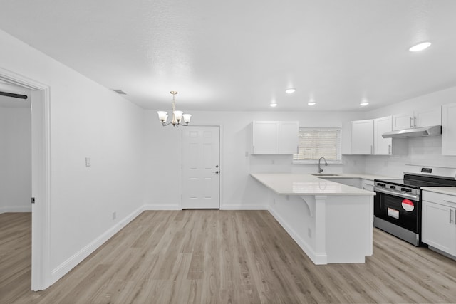 kitchen with stainless steel electric range oven, white cabinetry, a sink, a peninsula, and under cabinet range hood