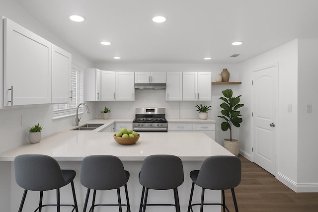 819 Netherland Dr, Arlington, TX 76017 - kitchen with a sink, stainless steel range with gas cooktop, under cabinet range hood, a peninsula, and light countertops