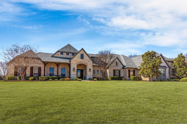 french country inspired facade featuring a front lawn