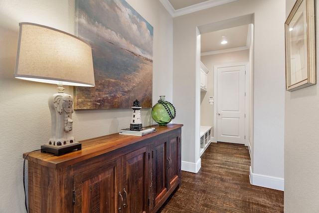 corridor with baseboards, dark wood-style flooring, and crown molding