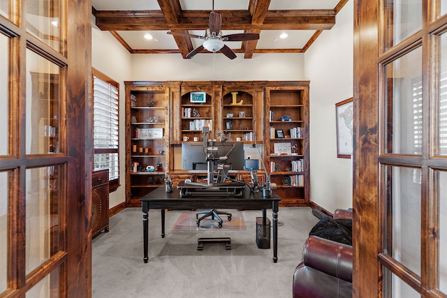 office featuring beamed ceiling, coffered ceiling, and carpet flooring