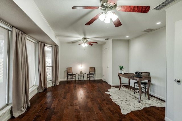 home office with hardwood / wood-style floors, recessed lighting, visible vents, and baseboards