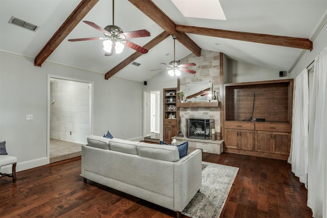 living area with lofted ceiling with beams, a stone fireplace, visible vents, baseboards, and dark wood-style floors