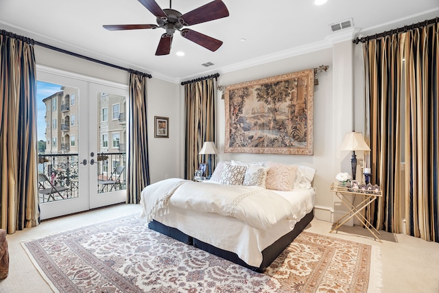 bedroom featuring access to exterior, french doors, crown molding, recessed lighting, and visible vents