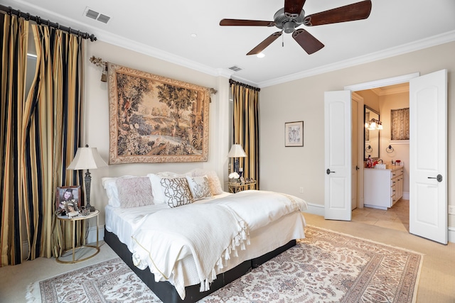 bedroom featuring light carpet, a ceiling fan, visible vents, and crown molding