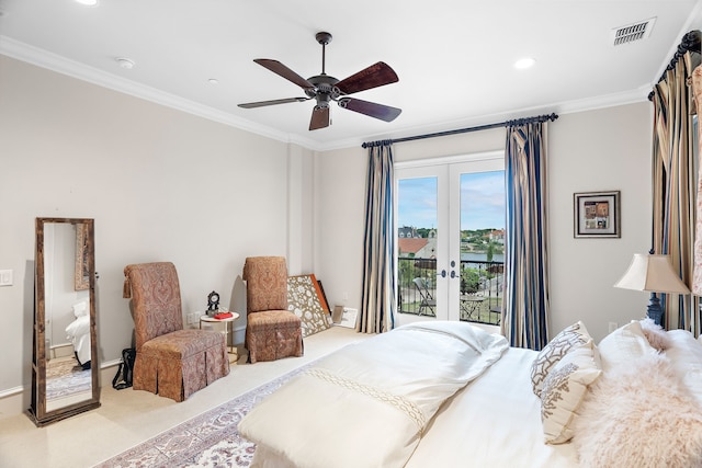 bedroom with access to exterior, carpet, french doors, crown molding, and visible vents