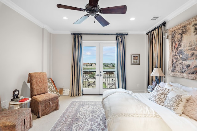 carpeted bedroom featuring crown molding, french doors, visible vents, and access to exterior