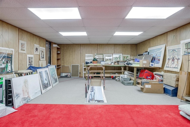 interior space featuring wooden walls and carpet flooring