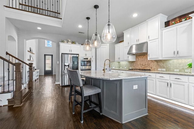 kitchen featuring dark wood-style floors, decorative backsplash, appliances with stainless steel finishes, a sink, and under cabinet range hood