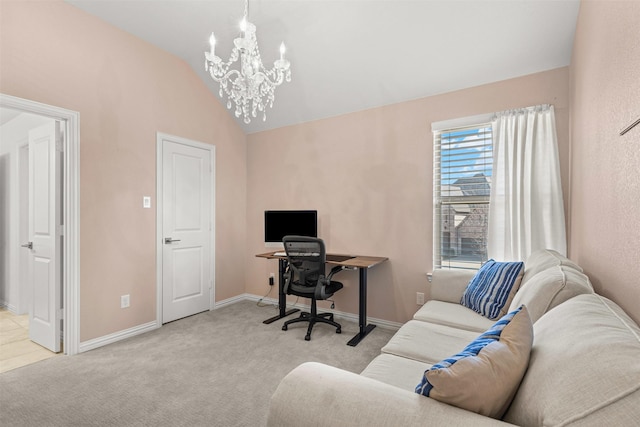 home office with carpet floors, lofted ceiling, baseboards, and an inviting chandelier