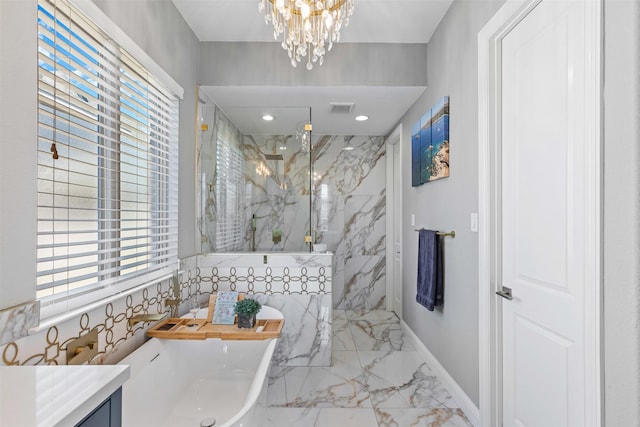 bathroom featuring an inviting chandelier, a marble finish shower, marble finish floor, a wealth of natural light, and visible vents