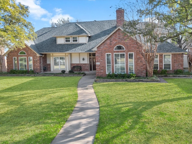 traditional-style home featuring a shingled roof, a chimney, a front yard, and brick siding