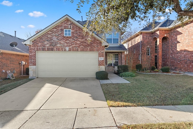 view of front facade with brick siding, concrete driveway, a garage, stone siding, and a front lawn