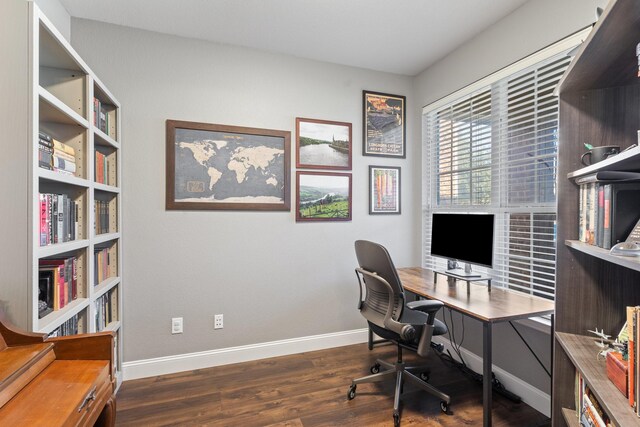 office space with dark wood-type flooring and baseboards