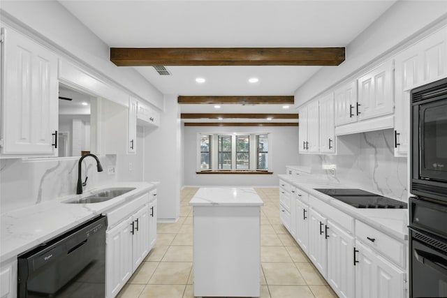 kitchen with black appliances, decorative backsplash, a sink, and beamed ceiling