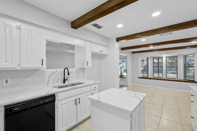 kitchen featuring light tile patterned flooring, a sink, visible vents, black dishwasher, and backsplash