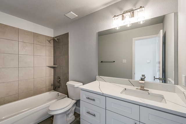 full bath with shower / bath combination, visible vents, a textured wall, toilet, and vanity