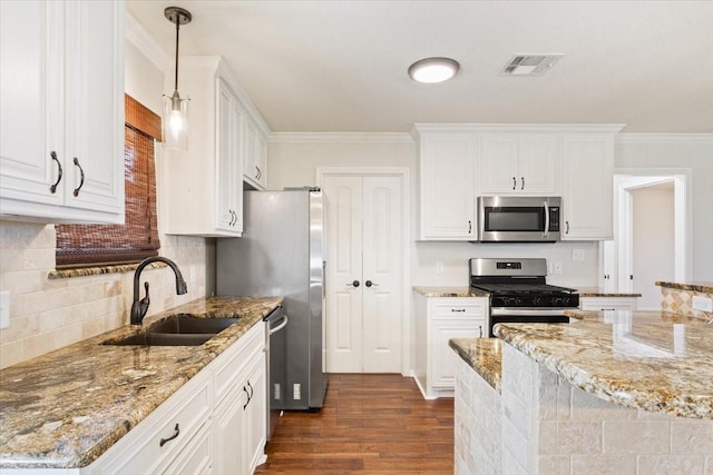806 N College Ave, West, TX 76691 - kitchen with dark wood-type flooring, a sink, visible vents, ornamental molding, and appliances with stainless steel finishes