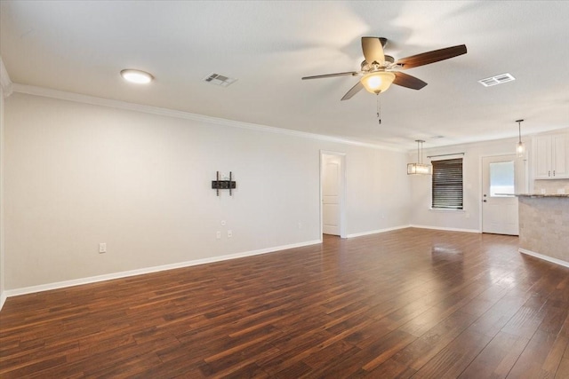 806 N College Ave, West, TX 76691 - unfurnished living room with dark wood-style floors, baseboards, a ceiling fan, and ornamental molding