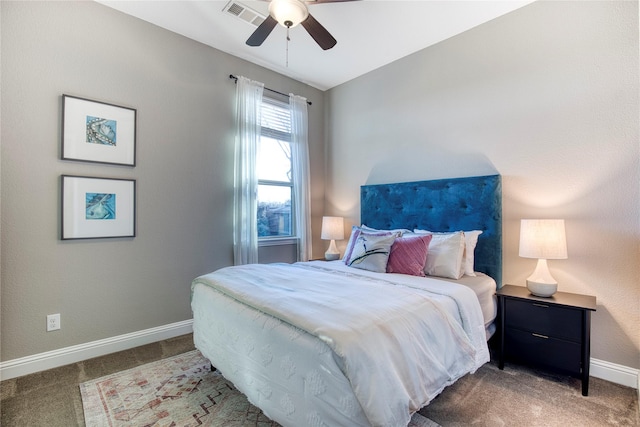 bedroom featuring a ceiling fan, carpet, visible vents, and baseboards