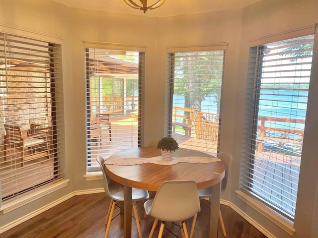 dining space featuring a healthy amount of sunlight, dark wood finished floors, and baseboards