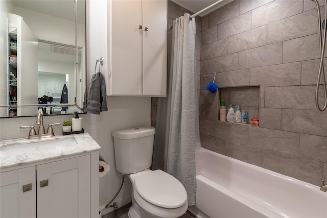 full bath featuring toilet, shower / tub combo, and vanity