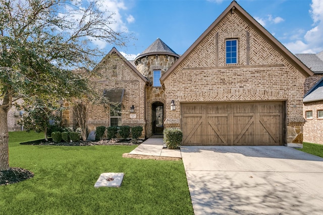 french country home featuring concrete driveway, stone siding, an attached garage, a front lawn, and brick siding