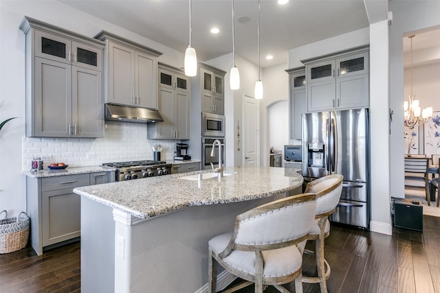 kitchen featuring dark wood-style flooring, stainless steel appliances, gray cabinetry, under cabinet range hood, and a sink