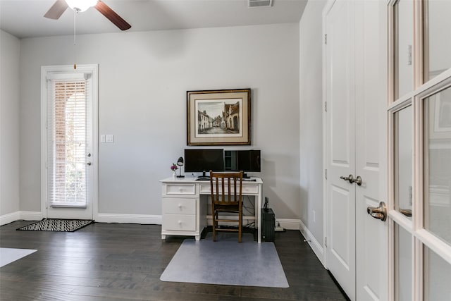 office area with dark wood-style floors, ceiling fan, visible vents, and baseboards