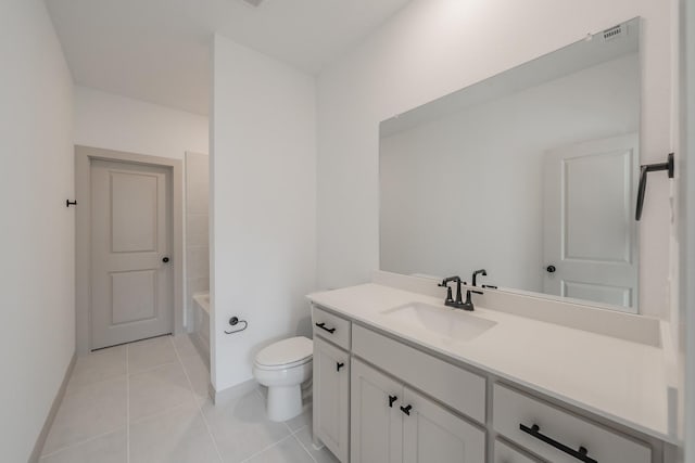 full bath with visible vents, baseboards, toilet, tile patterned flooring, and vanity