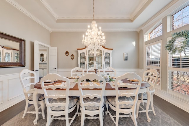 dining room featuring dark wood-type flooring, a tray ceiling, and wainscoting