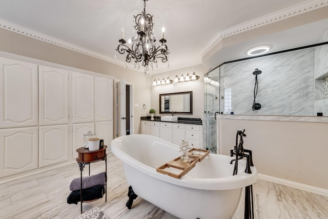 full bathroom with a stall shower, ornamental molding, marble finish floor, vanity, and a freestanding tub