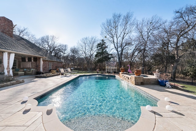 view of swimming pool with a fenced in pool, a patio area, fence, a jacuzzi, and an outdoor living space