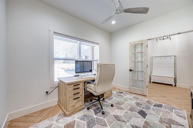 home office with recessed lighting, ceiling fan, and baseboards