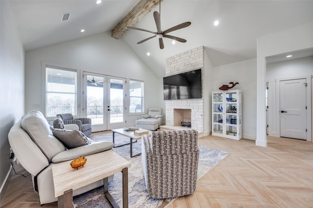 living room with french doors, beam ceiling, a brick fireplace, high vaulted ceiling, and baseboards