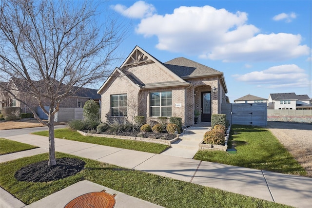 craftsman-style house with brick siding, a front lawn, a shingled roof, and fence