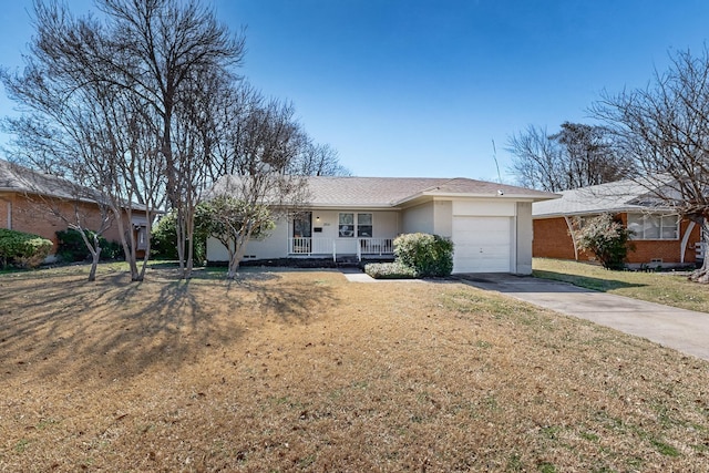 ranch-style home with a porch, an attached garage, driveway, stucco siding, and a front yard