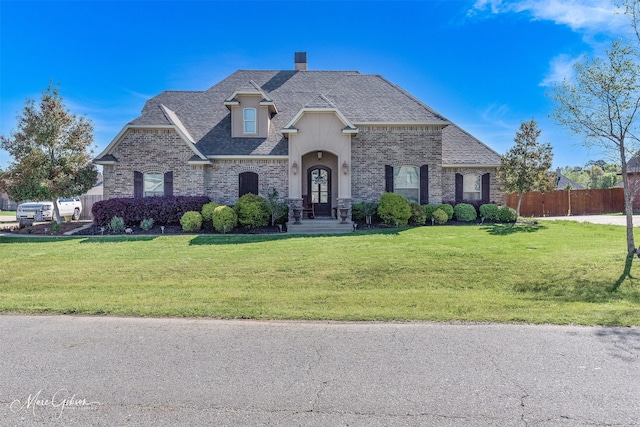 french provincial home featuring a front yard, brick siding, and fence