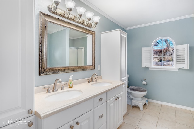 full bath featuring crown molding, tile patterned floors, a sink, and double vanity