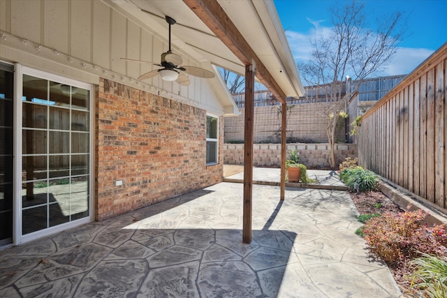 view of patio / terrace featuring a ceiling fan and a fenced backyard